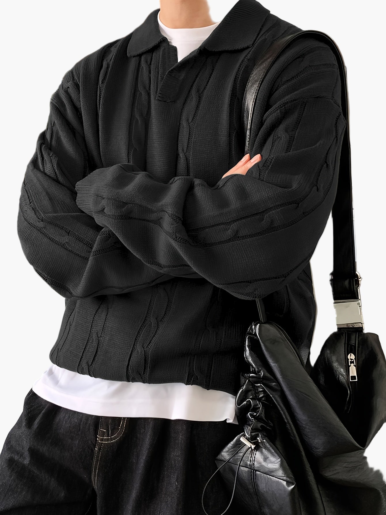 Herrtröja med kabelstickat mönster och polokrage – Avslappnad stil för vardagsbruk