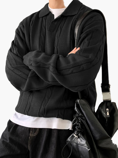 Herrtröja med kabelstickat mönster och polokrage – Avslappnad stil för vardagsbruk