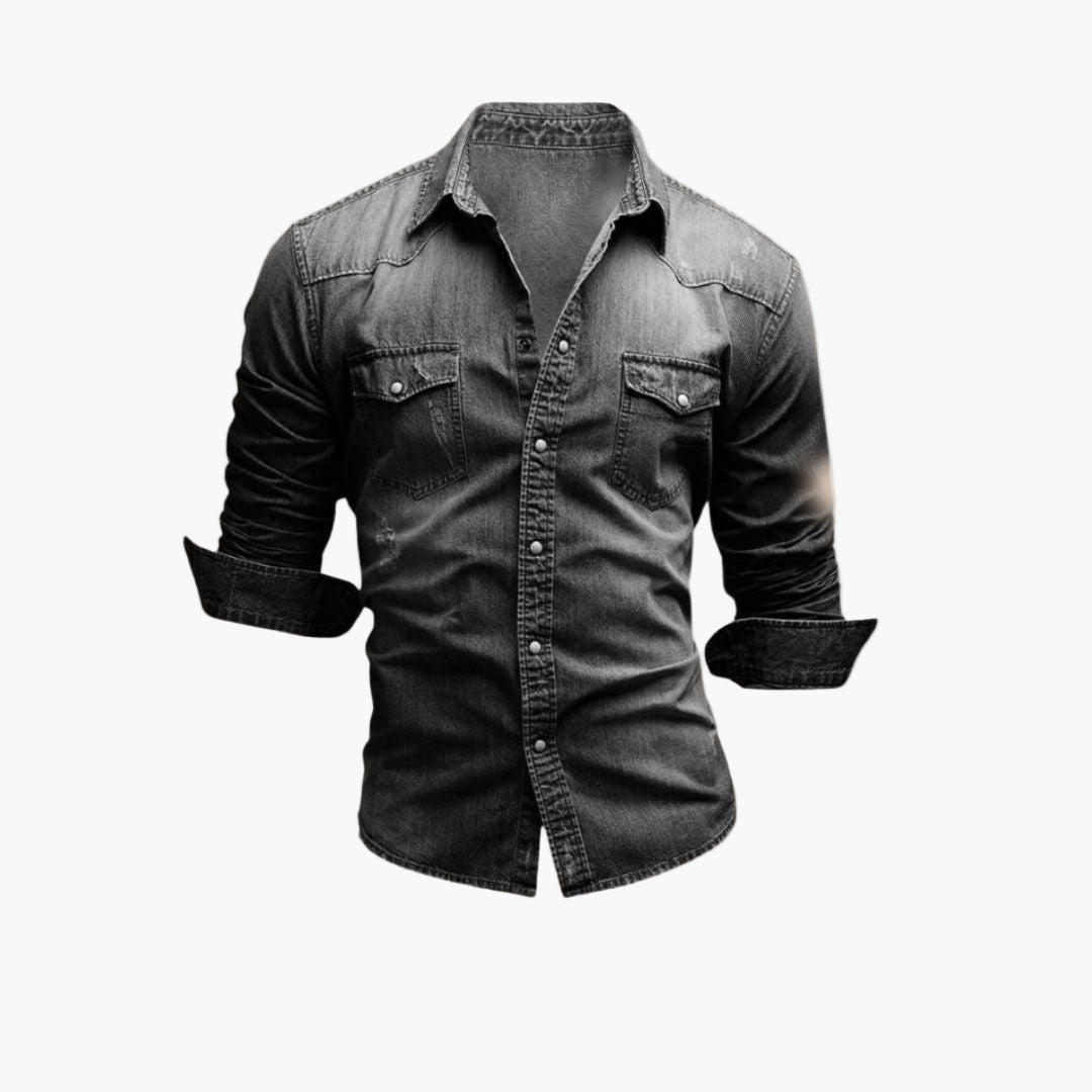 Herr Skjorta Denim Västerntstil med Tryckknappar – Tidlös Casual Look