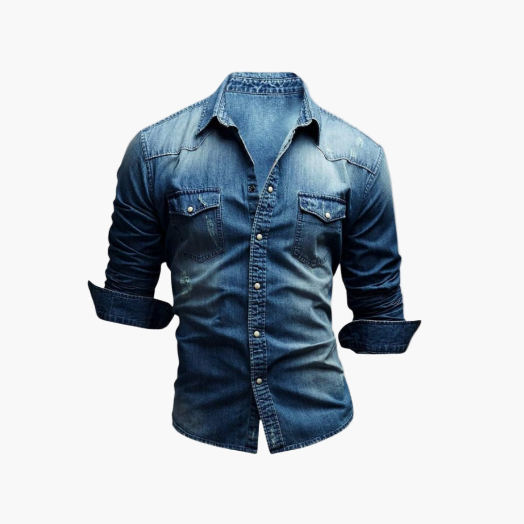 Herr Skjorta Denim Västerntstil med Tryckknappar – Tidlös Casual Look
