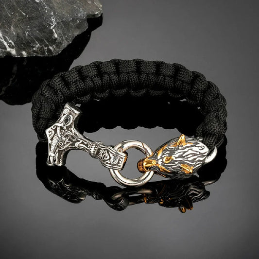 Barry – Paracord Armband med Tors Hammare och Varg Huvud