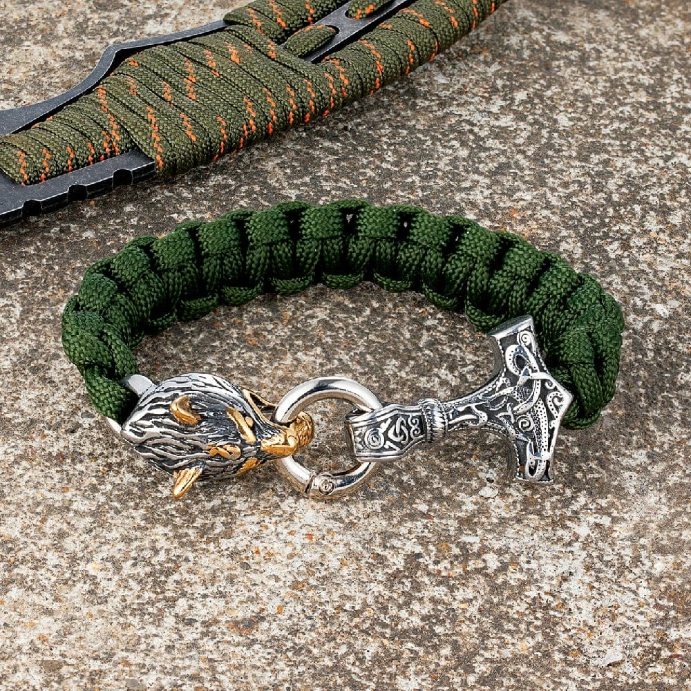 Barry – Paracord Armband med Tors Hammare och Varg Huvud