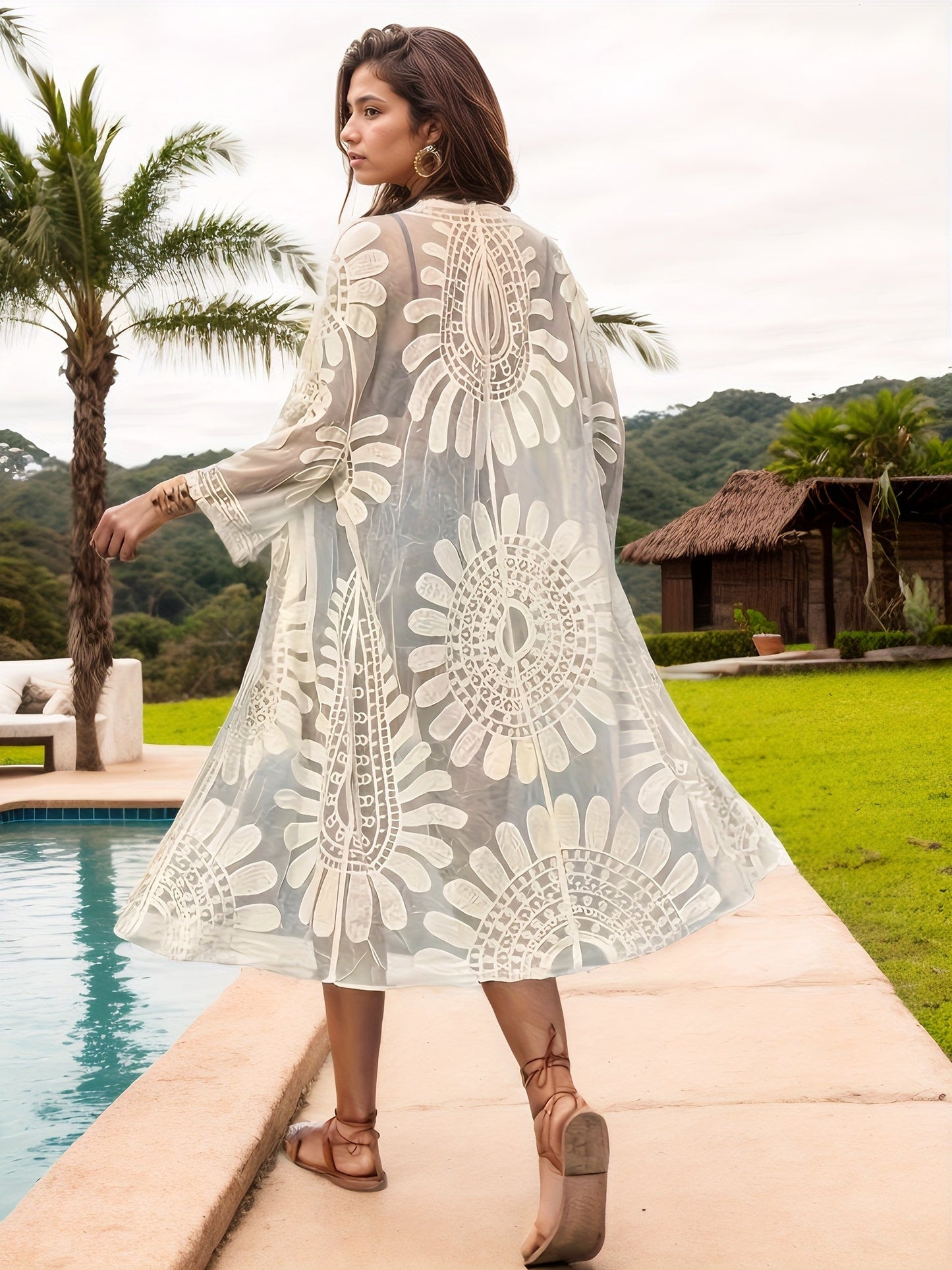 Damernas Bohemisk Broderad Strandkaftan med Lång Silhuett för Semester och Resort