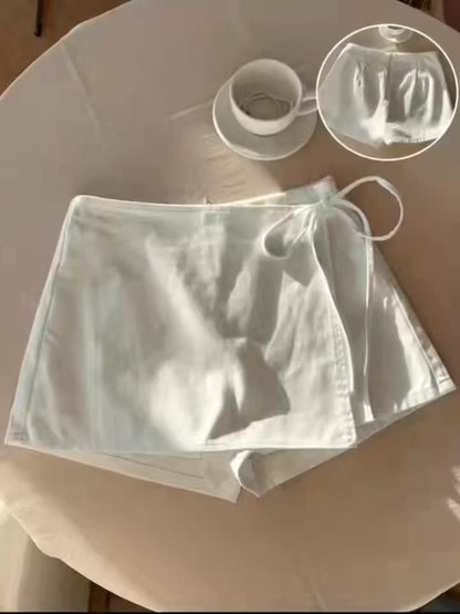 Dam Skort för Strand och Semester – Omlottstil med Knytband, Mini Kjol med Shorts