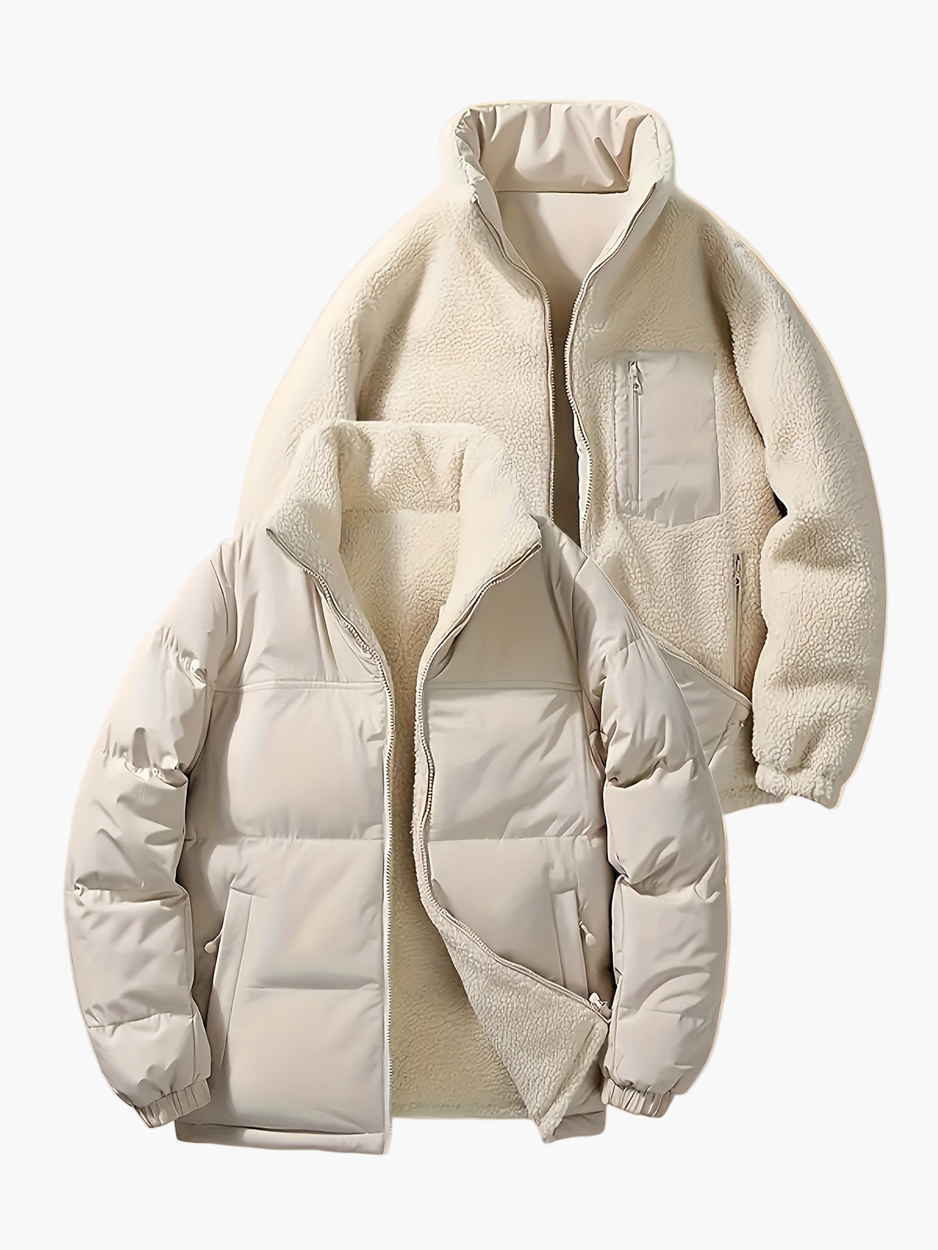 Herr Reversibel Vinterjacka Fleece och Puffer, Avslappnad Stil för Vardagsbruk