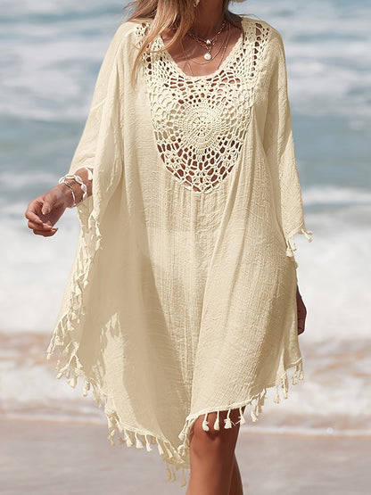 Dam Poncho-Kaftan Strandtunika Med Virkad Detalj och Toffsar – Bohemisk Semesterstil