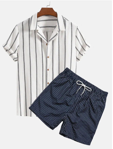 Herrset Sommar Kortärmad Skjorta och Shorts – Trendigt Avslappnat Set för Vardag och Semester