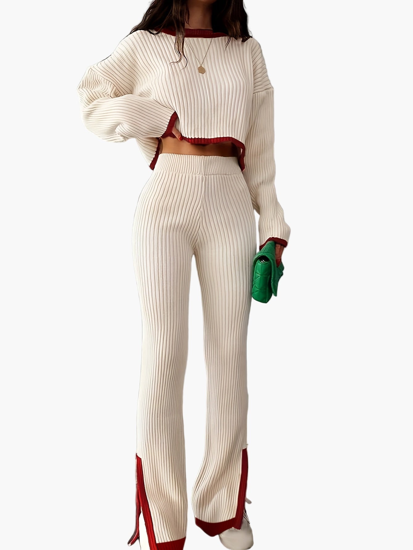 Dam Set Elegant Stickad Loungewear Set med Vida Byxor och Tröja – Perfekt för Höst och Vinter