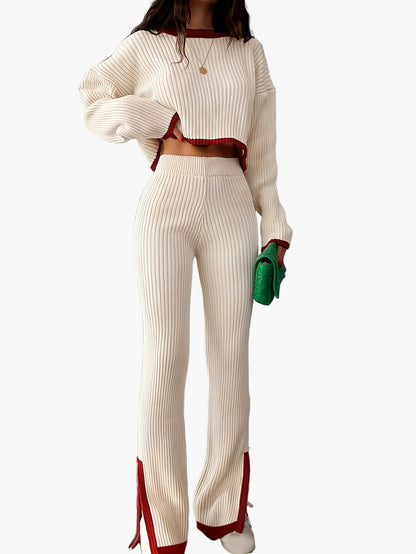 Dam Set Elegant Stickad Loungewear Set med Vida Byxor och Tröja – Perfekt för Höst och Vinter