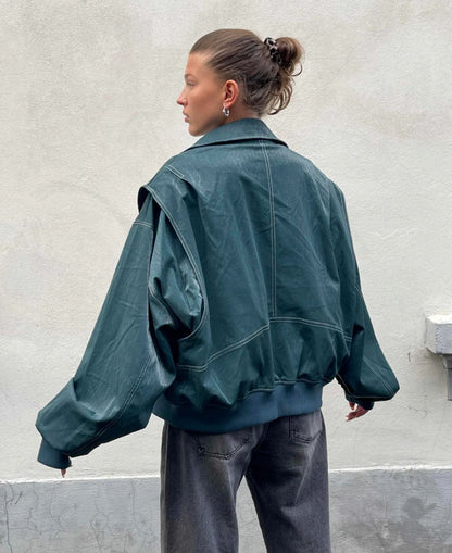 Damjacka – Oversized bomberjacka i PU-konstläder för streetwear och vardag