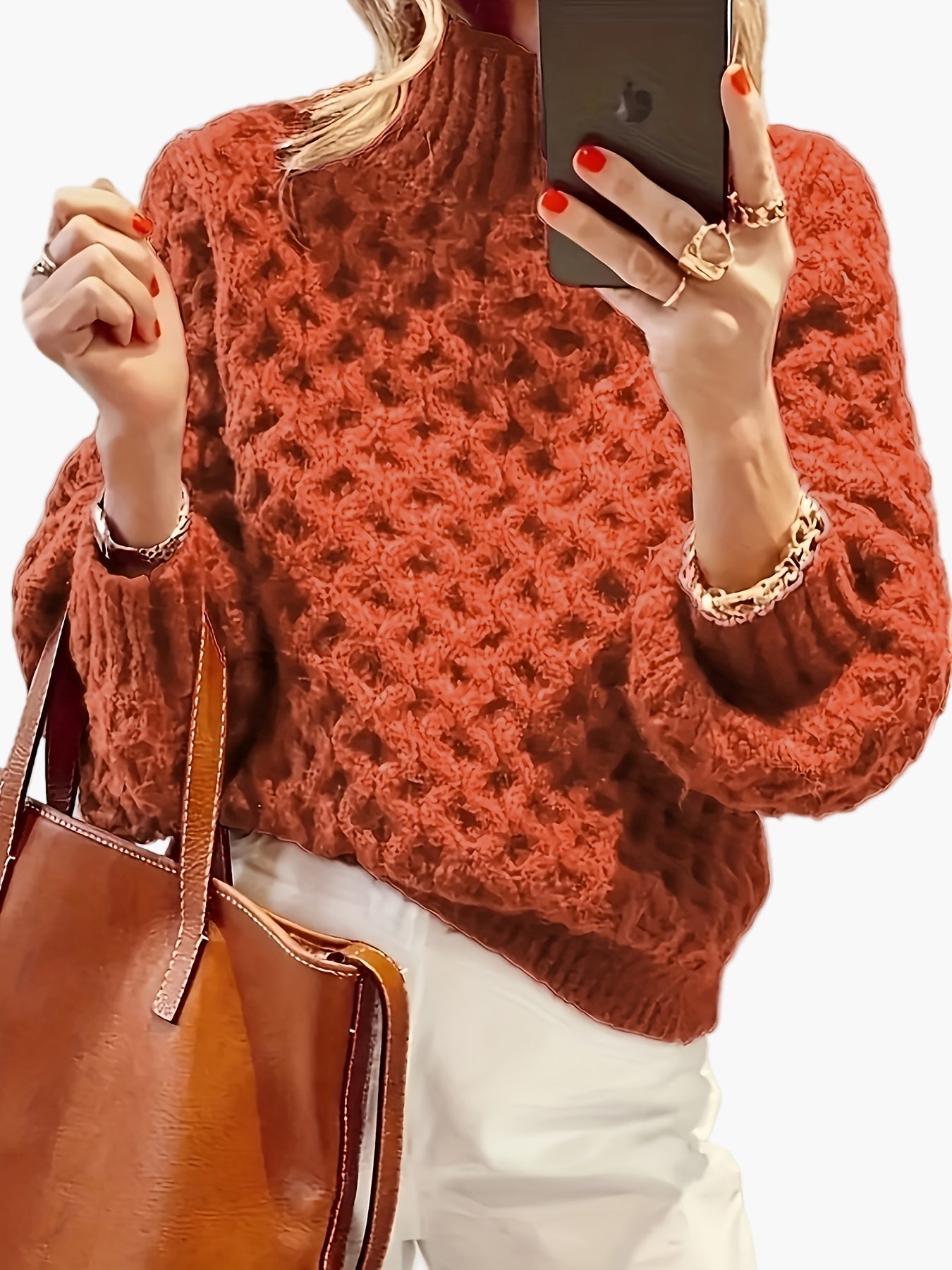 Damstickad Polotröja med Strukturmönster – Trendig Höst/Vintertröja för Vardagsbruk