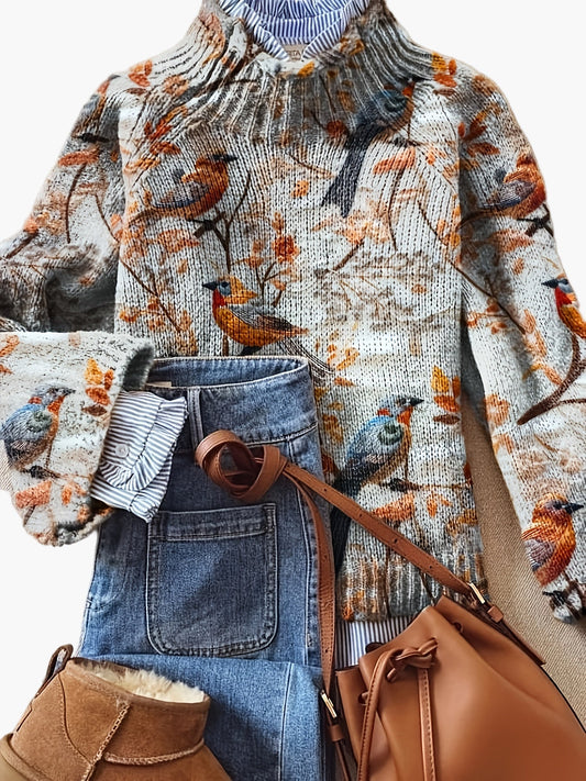 Damstickad tröja med fågelmotiv och hög krage – elegant vardagsmode