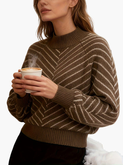 Damtröja Elegant Randig Stickad Sweater med Hög Krage för Höst/Vinter