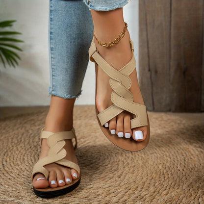 Dam Sandaler med Vågformade Remmar och Stjärndetalj – Platta Sommarsandaler för Semester och Strand