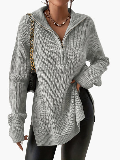 Damtröja med halv dragkedja och hög krage – Trendig stickad pullover för höst och vinter