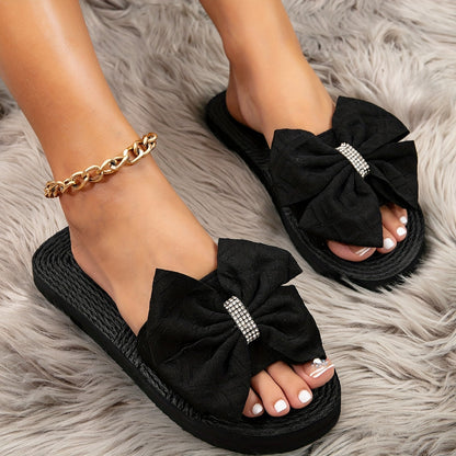 Dam Sandals med Stor Rosett och Glittrande Detalj – Eleganta Slip-in Tofflor för Vardag och Fest