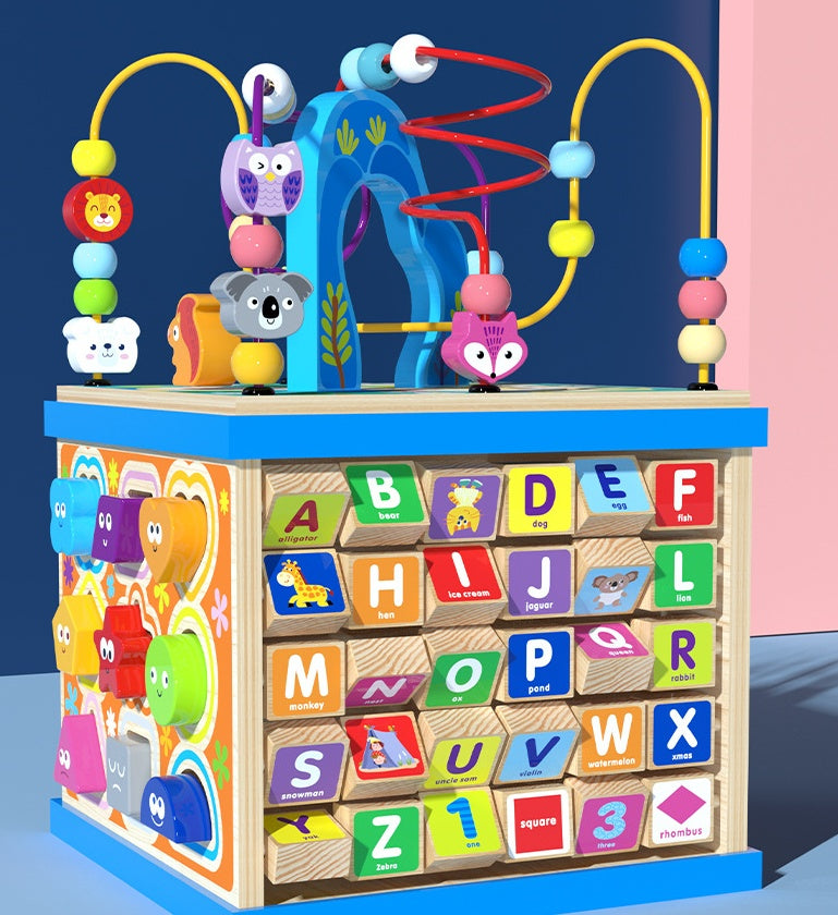 Pedagogisk aktivitetskubs leksak för barn – Utbildande multifunktionell träkub med bokstäver och former