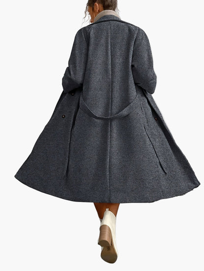 Damkappa – Elegant lång dubbelknäppt höstkappa med bälte för vardag och fest