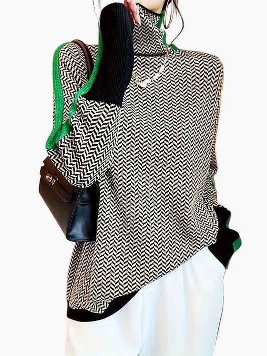 Damstickad elegant höst/vintertröja med hög krage och modern mönsterdesign – vardags- och kontorsstil