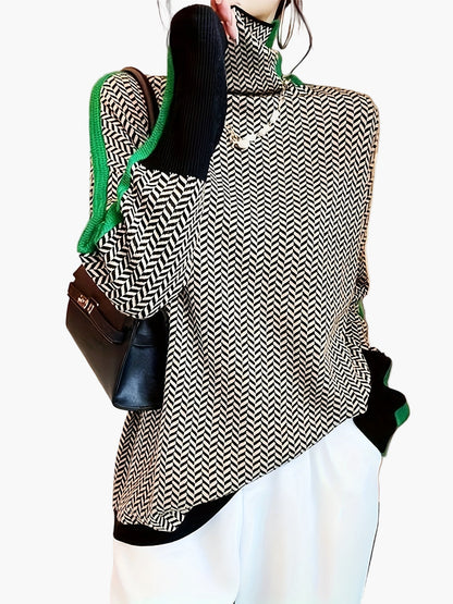 Damstickad elegant höst/vintertröja med hög krage och modern mönsterdesign – vardags- och kontorsstil