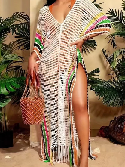 Dam Strandkaftan Boho Mesh Lång Täckande Sommarklänning med Fransar och Färgglada Ränder