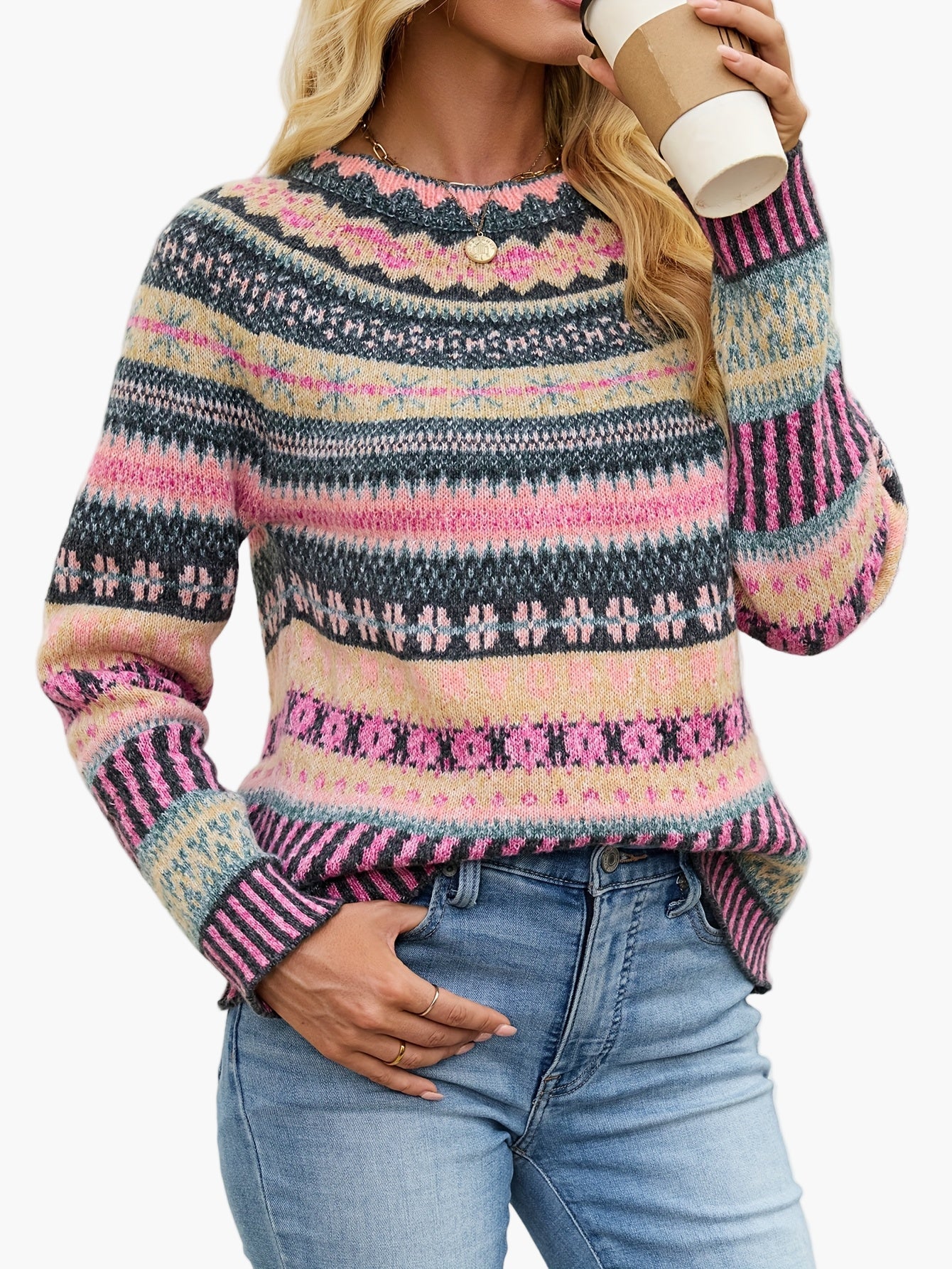 Dam Tröja Elegant Mönstrad Stickad Pullover för Höst och Vinter