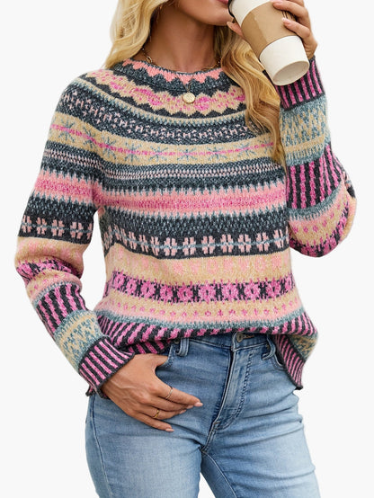 Dam Tröja Elegant Mönstrad Stickad Pullover för Höst och Vinter