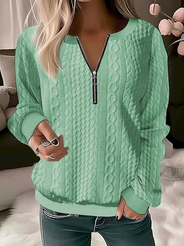 Sandra – Långärmad T-shirt med V-ringning och Dragkedja i Enfärgat