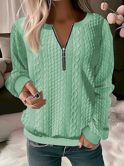 Sandra – Långärmad T-shirt med V-ringning och Dragkedja i Enfärgat
