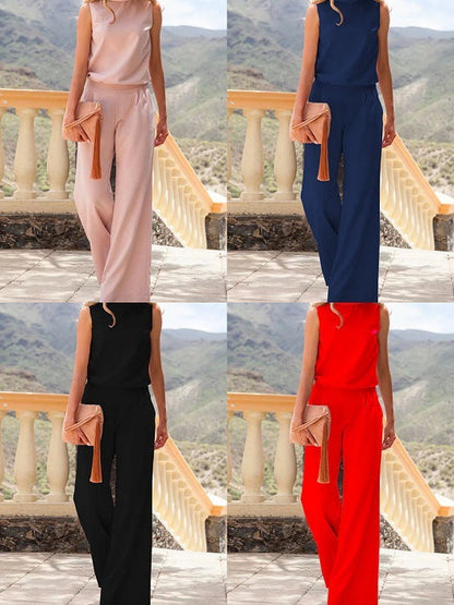 Dam Jumpsuit Elegant Rak Passform Ärmlös med Fickor – Perfekt för Fest och Vardag