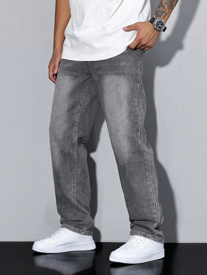 Herrjeans Lös Passform Casual Streetwear – Klassiska raka byxor för vardag och fritid