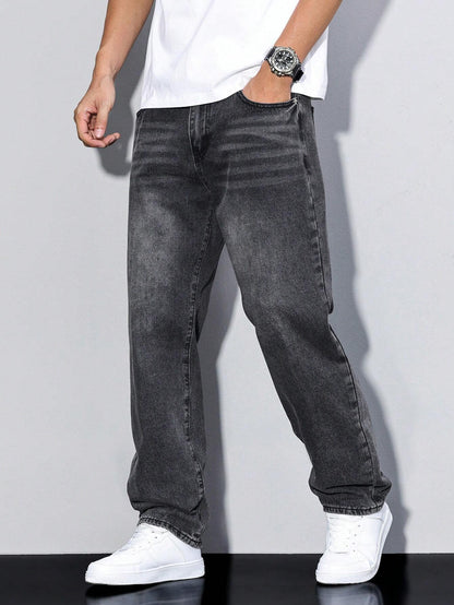 Herrjeans Lös Passform Casual Streetwear – Klassiska raka byxor för vardag och fritid
