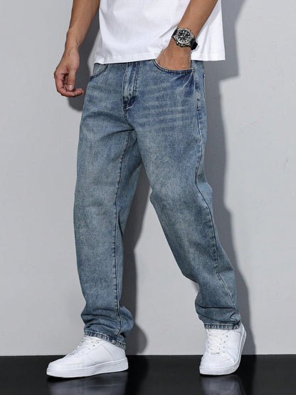 Herrjeans Lös Passform Casual Streetwear – Klassiska raka byxor för vardag och fritid