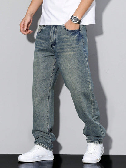 Herrjeans Lös Passform Casual Streetwear – Klassiska raka byxor för vardag och fritid
