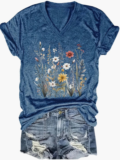 Dam T-shirt med v-ringning och blommönster – avslappnad sommarstil