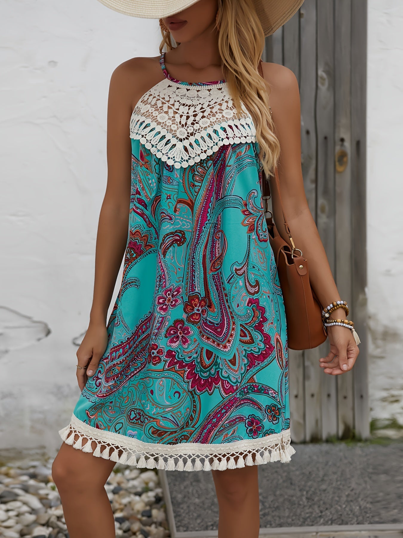 Dam Klänning Boho Tunika Sommar Halterneck Mönstrad Semester