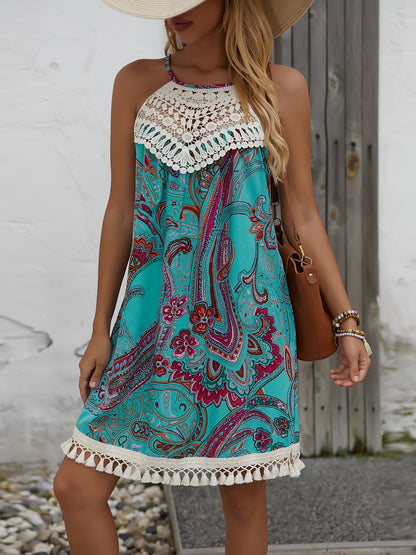 Dam Klänning Boho Tunika Sommar Halterneck Mönstrad Semester