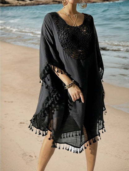 Dam Poncho-Kaftan Strandtunika Med Virkad Detalj och Toffsar – Bohemisk Semesterstil