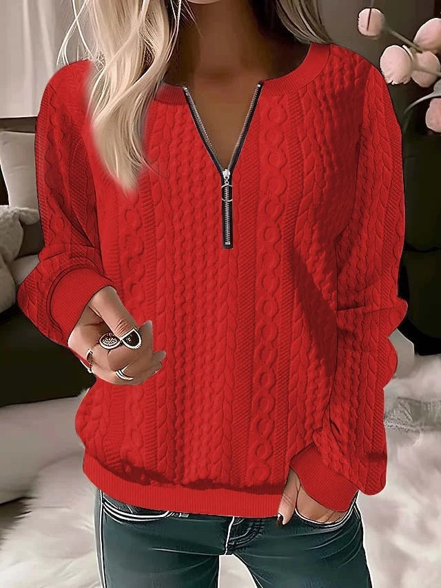 Sandra – Långärmad T-shirt med V-ringning och Dragkedja i Enfärgat