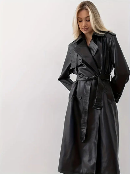 Dam Trenchcoat – Lång Klassisk Stil med Bälte och Breda Reverser – Perfekt för Höst och Vinter