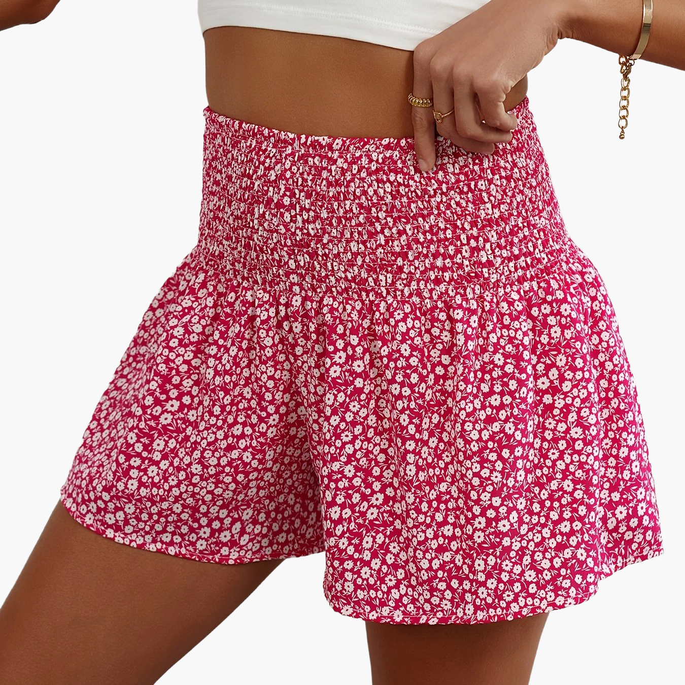 Damshorts med Blommigt Mönster och Smockad Midja – Trendiga Sommarshorts för Fritid och Semester