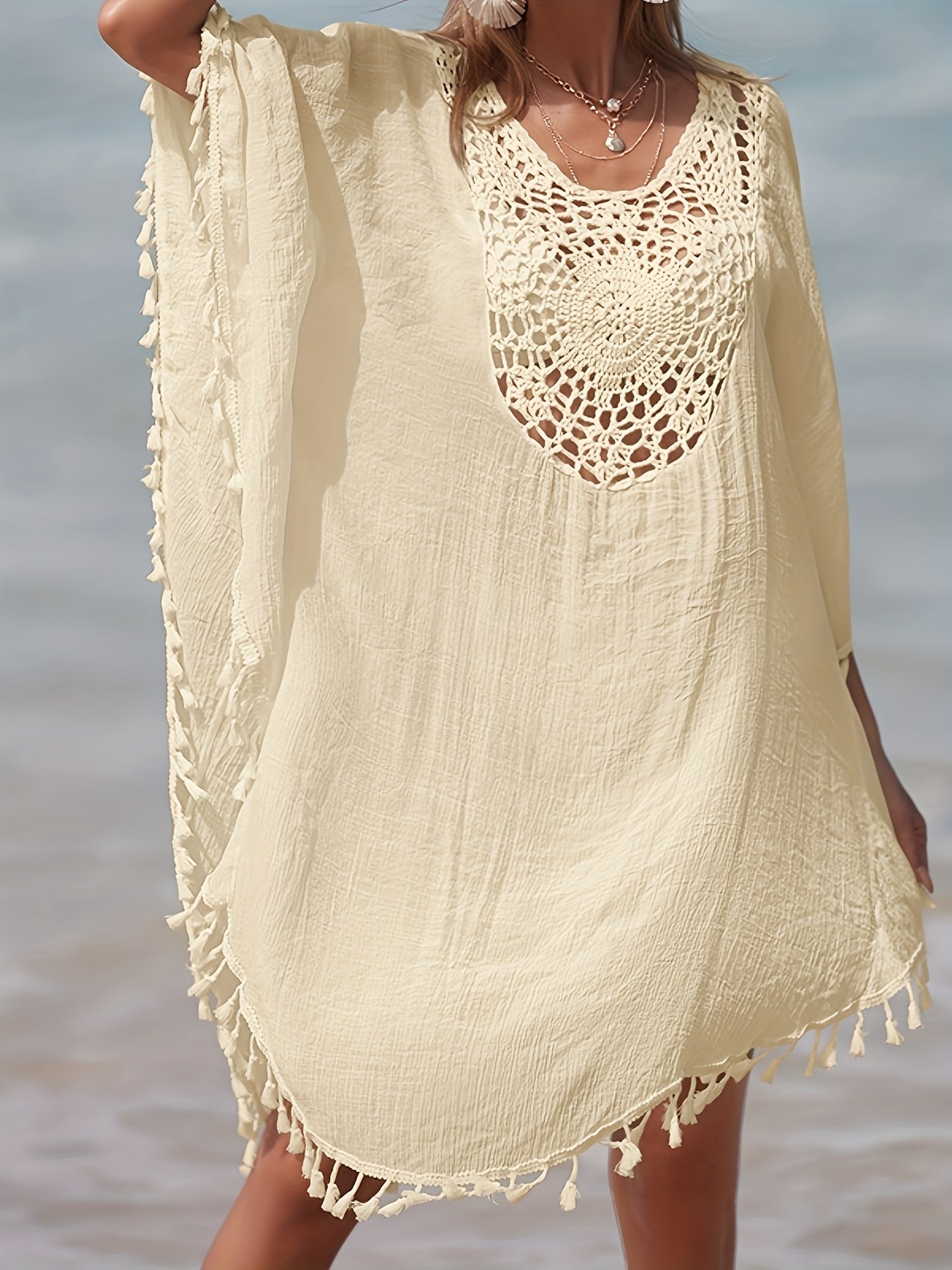 Dam Poncho-Kaftan Strandtunika Med Virkad Detalj och Toffsar – Bohemisk Semesterstil