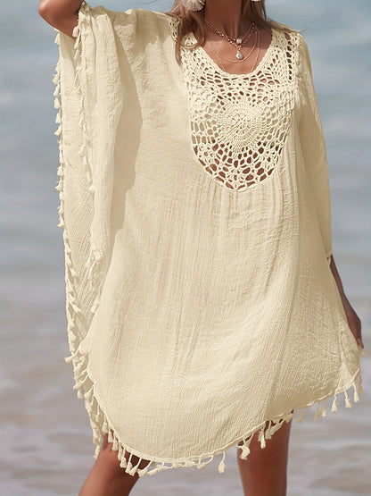 Dam Poncho-Kaftan Strandtunika Med Virkad Detalj och Toffsar – Bohemisk Semesterstil