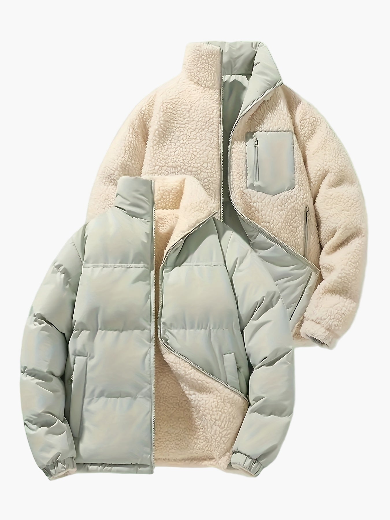 Herr Reversibel Vinterjacka Fleece och Puffer, Avslappnad Stil för Vardagsbruk