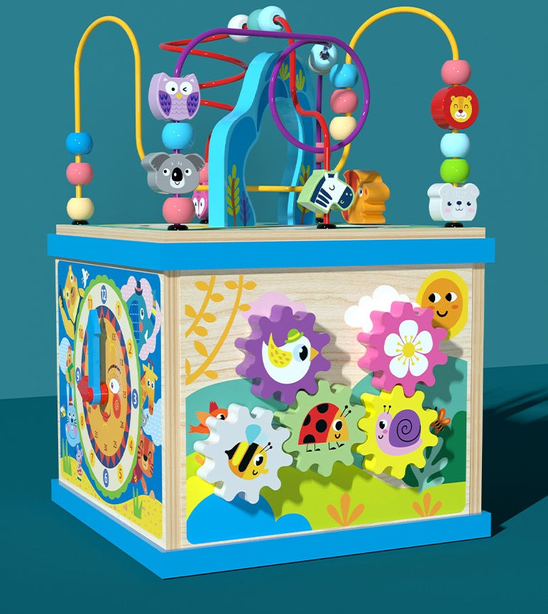 Pedagogisk aktivitetskubs leksak för barn – Utbildande multifunktionell träkub med bokstäver och former