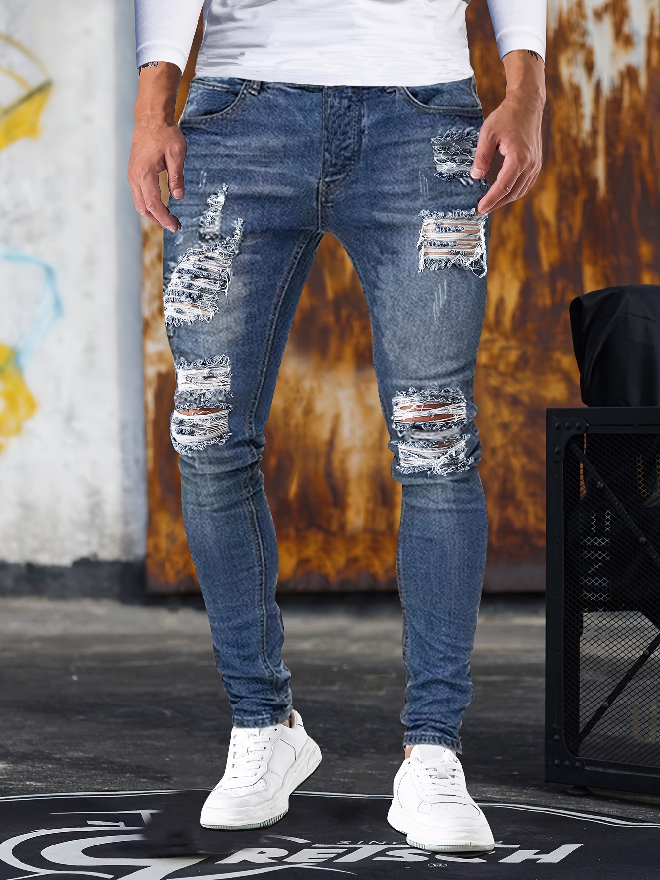 Neil – Slimmade Jeans med Rippad Design för Herrar