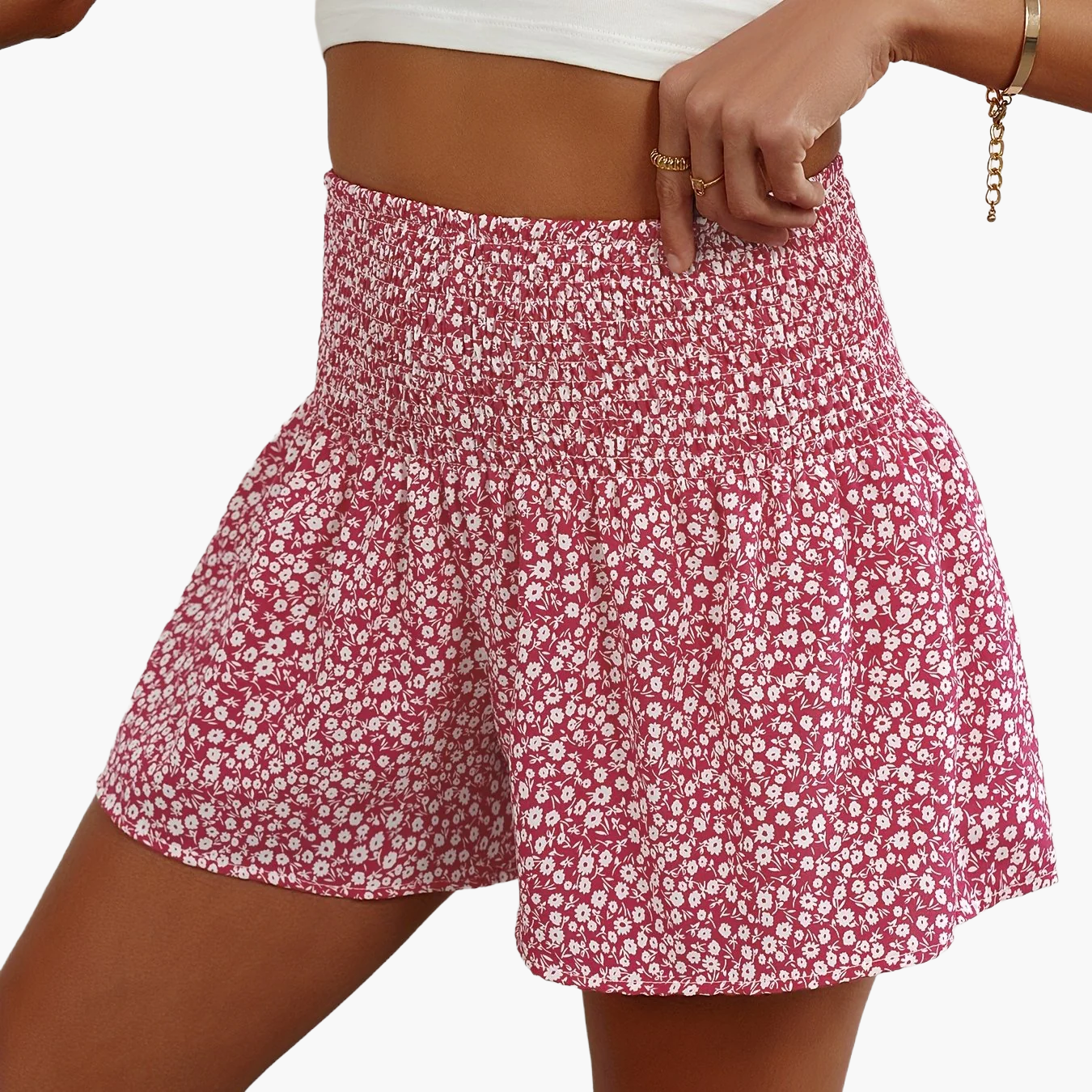Damshorts med Blommigt Mönster och Smockad Midja – Trendiga Sommarshorts för Fritid och Semester