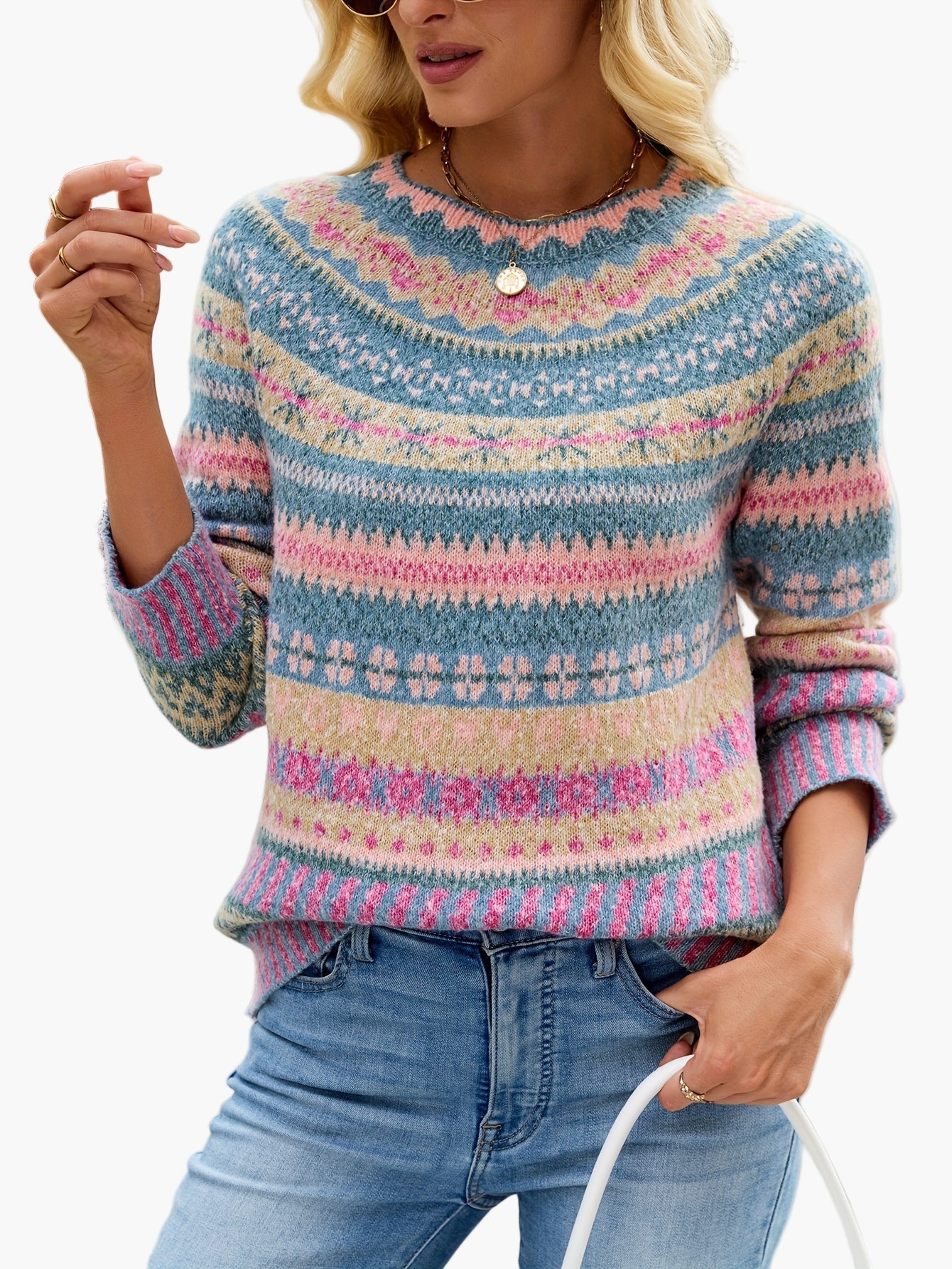 Dam Tröja Elegant Mönstrad Stickad Pullover för Höst och Vinter