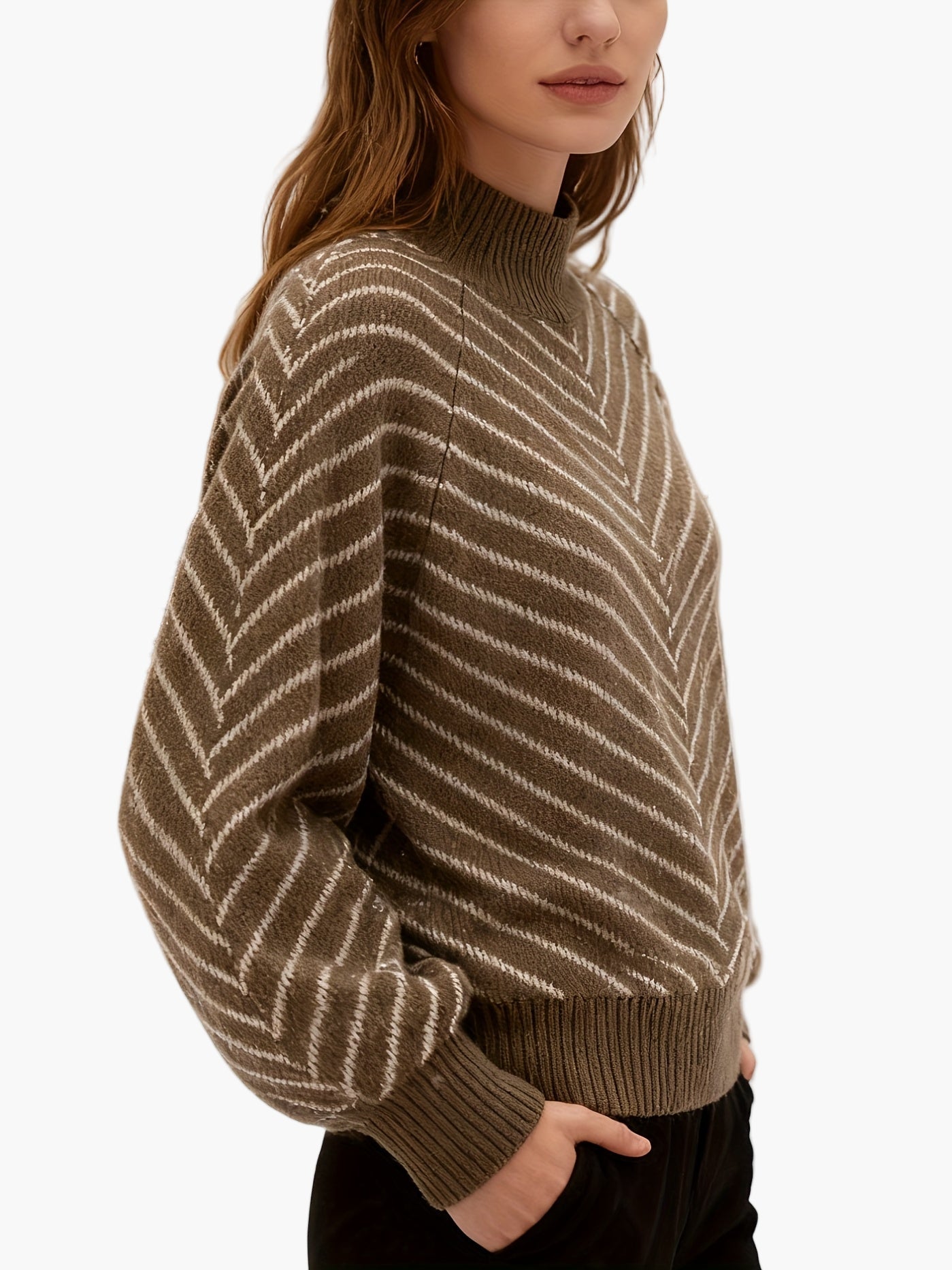 Damtröja Elegant Randig Stickad Sweater med Hög Krage för Höst/Vinter