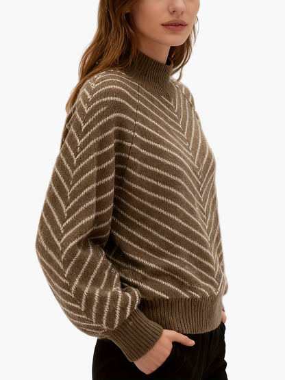 Damtröja Elegant Randig Stickad Sweater med Hög Krage för Höst/Vinter